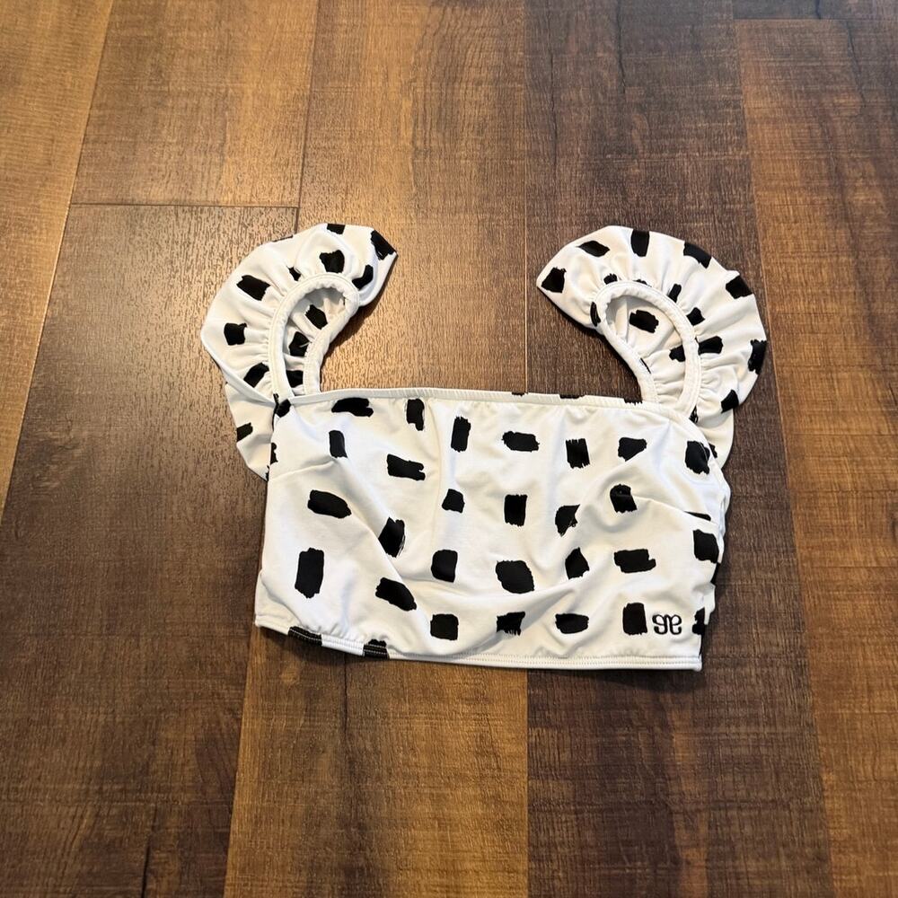 Albion Fit Black White Ruffle Strap Bikini Top Polka Dot Swim Top Size Small
